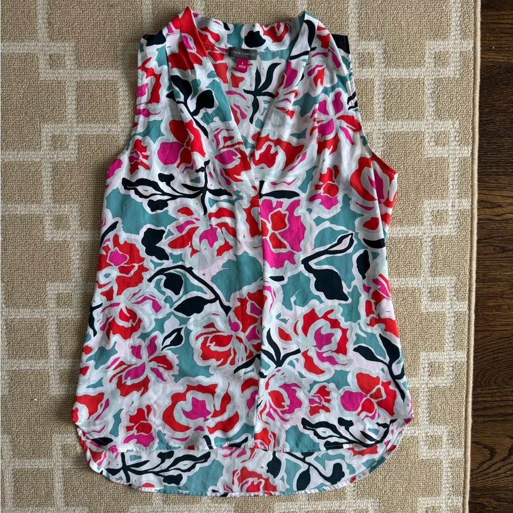 Vince Camuto Floral Sleeveless Blouse Teal Pink Red V-Neck Flowy Resort Top S - Picture 7 of 7
